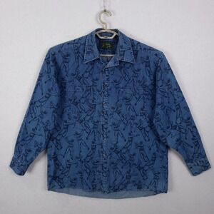 Bobby Jones Denim Golf Print Shirt Mens Large Blue Vintage Long Sleeve Button Up